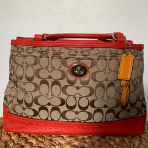 Coach Signiture "C' Fabric Purse, Red/Orange Leather Accents, Yellow Coach Tag